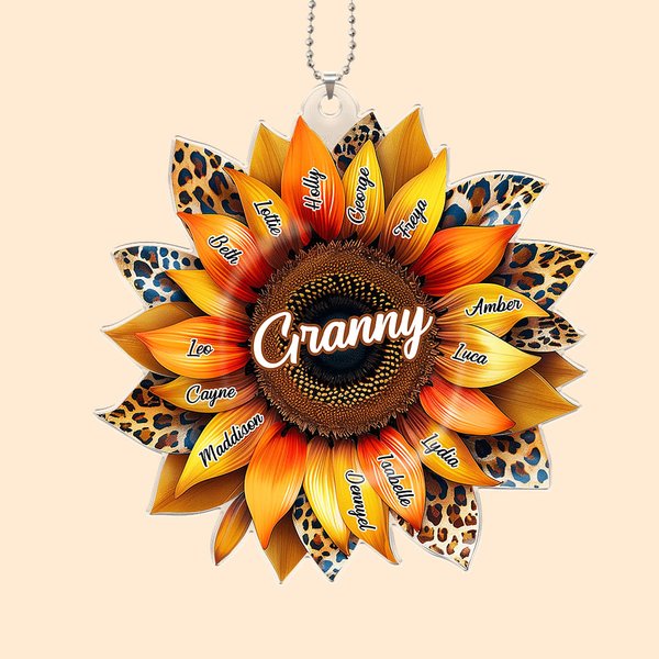 Gepersonaliseerd acryl zonnebloem luipaard auto opknoping ornament met 1-17 namen Verjaardag Moederdag cadeau voor moeder oma