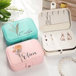 Boîte à Bijoux en Cuir PU Personnalisée avec Nom Fleur de Naissance Coffret Étanche avec Compartiments Cadeau Anniversaire Mariage Voyage pour Femme