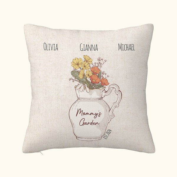 Housse d'Oreiller Multicolore Personnalisée avec Fleurs de Naissance et Noms Cadeau de Pendaison de Crémaillère pour Maman Grand-mère