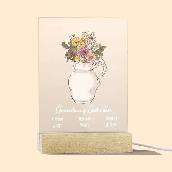 Personalised Birth Flower Acrylic Night Light Plaque with 1-12 Names Housewarming Mother's Day Gift for Mother Grandma