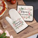 Personalised Watercolour Flower Insulation Glove and Pot Holder Set with Text Kitchen Decor Birthday Mother's Day Gift for Woman