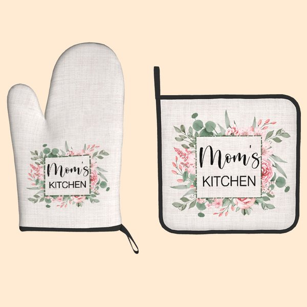 Juego personalizado de guantes y agarraderas aislantes de flores de acuarela con texto Decoración de cocina Regalo de cumpleaños Día de la Madre para mujer