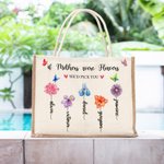 Sac Toile de Jute Personnalisé avec 1-13 Fleurs de Naissance et Noms Sac à Main de Grande Capacité Cadeau Anniversaire Fête pour Maman Grand-Mère