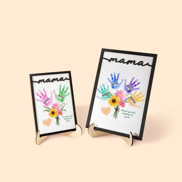 Plaque en Bois Personnalisée avec les Noms des Enfants et Empreintes de Main Cadeau d'Anniversaire pour Maman Grand-mère