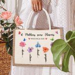 Sac Toile de Jute Personnalisé avec 1-13 Fleurs de Naissance et Noms Sac à Main de Grande Capacité Cadeau Anniversaire Fête pour Maman Grand-Mère