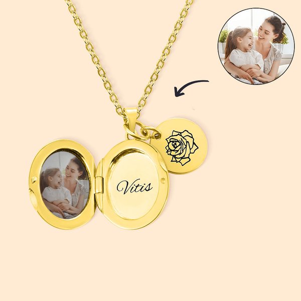 Personalisierte Oval Medaillon Foto Halskette mit Text Geburtsblume Gravur Scheiben Anhänger Muttertag Geburtstag Geschenk für Damen Mädchen