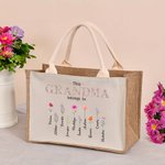 Personalized This Is Mom Grandma Belongs To Jute Tote Bag with 1-16 Birth Flowers and Name Mother's Day Birthday Gift for Her