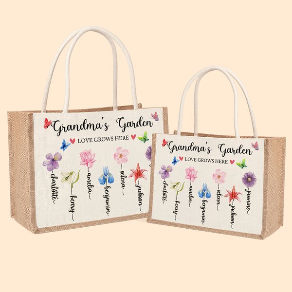 Sac Toile de Jute Personnalisé avec 1-13 Fleurs de Naissance et Noms Sac à Main de Grande Capacité Cadeau Anniversaire Fête pour Maman Grand-Mère