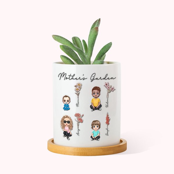 Personalized Cute Cartoon Figure Birth Flower Ceramic Plant Pot with 1-4 Names and Bamboo Base Mother's Day Birthday Gift for Grandma Mom