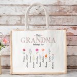 Personalized This Is Mom Grandma Belongs To Jute Tote Bag with 1-16 Birth Flowers and Name Mother's Day Birthday Gift for Her