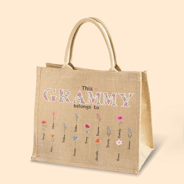 Gepersonaliseerde This Grandma Mom Belongs To Jute Draagtas met 1-16 Geboortebloemen en Namen Moederdagcadeau voor haar