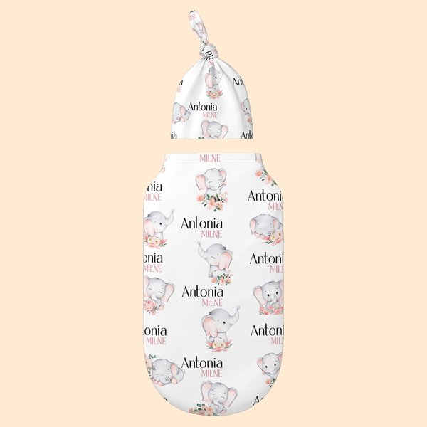 Gepersonaliseerde gebloemde schattige olifant 100% katoenen slaapzak en muts met naam Moederdag Verjaardag Baby Shower Gift voor baby