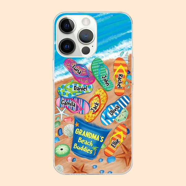 Custodia personalizzata per iPhone con nomi per i compagni di spiaggia della nonna, regalo per la famiglia in occasione della festa della mamma.