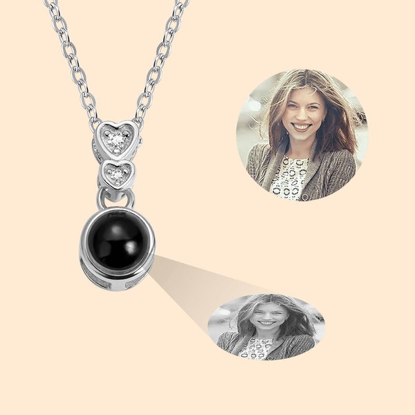 Personalized Sterling Silver Double Heart Photo Projection Necklace with I Love You in 100 Languages Birthday Anniversary Gift for Her