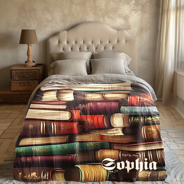 Personalised Retro Design Library Book Soft Blanket with Name Birthday Reading Gift for Book Lover