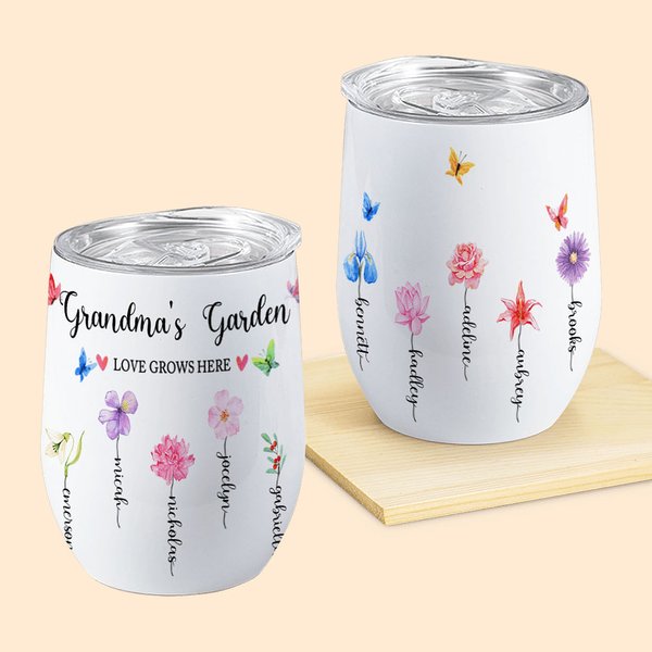 Personalised Grandma's Garden Birth Flower 12oz Wine Tumbler Mother's Day Birthday Gift for Women