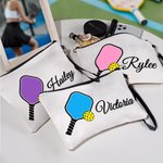 Personalized Multicolour Pickleball Linen Cosmetic Makeup Bag with Name and Wrist Strap Birthday Team Gift for Pickleball Player Lover