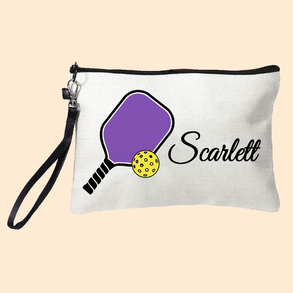 Gepersonaliseerd Multicolor Pickleball Linnen Cosmetisch Make-up Tasje met Naam en Polsbandje Verjaardagsteam Cadeau voor Pickleball Speler Liefhebber