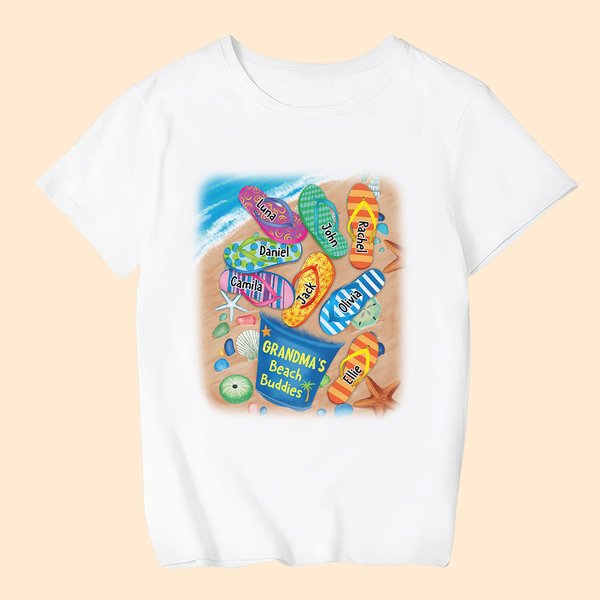 Personalised Beach Buddies Slipper Design 100% Cotton Kid T-shirt with 1-8 Names Mother's Day Father's Day Gift for Children