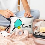Personalized Multicolour Pickleball Linen Cosmetic Makeup Bag with Name and Wrist Strap Birthday Team Gift for Pickleball Player Lover