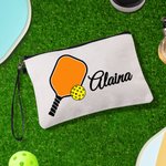 Personalized Multicolour Pickleball Linen Cosmetic Makeup Bag with Name and Wrist Strap Birthday Team Gift for Pickleball Player Lover