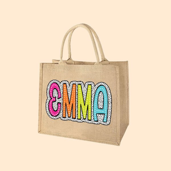 Personalizzato Multicolore Grande capacità Dalmata Dots Nome Juta Tote Bag Festa Favore Regalo di compleanno per le donne