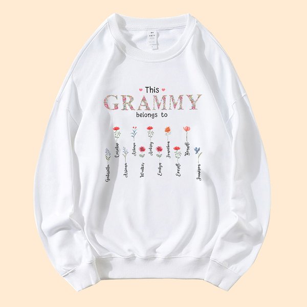 Sweatshirt Personnalisé avec 1-16 Noms et Fleurs de Naissance This Mom Belongs To Cadeau Anniversaire Fête pour Maman Grand-Mère