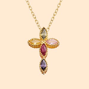 Collier Pendentif en Croix Personnalisé avec 1-5 Pierres de Naissance de la Famille Cadeau de Baptême pour Femme