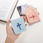 Cruz personalizada y ramillete de flores de nacimiento Bolsa de rosario de cuero con tapa de presión Regalo cristiano de confirmación para mujer