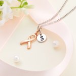 Personligt Sterling Silver Bröstcancer Medvetenhet Halsband med Rosa Band och Initial Charm Cancer Fighter Survivor Present till Kvinna