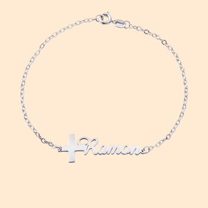 Bracelet Personnalisé avec Prénom Sculpté Bracelet avec Croix Cadeau Anniversaire Baptême Religieux pour Chrétienne Femme