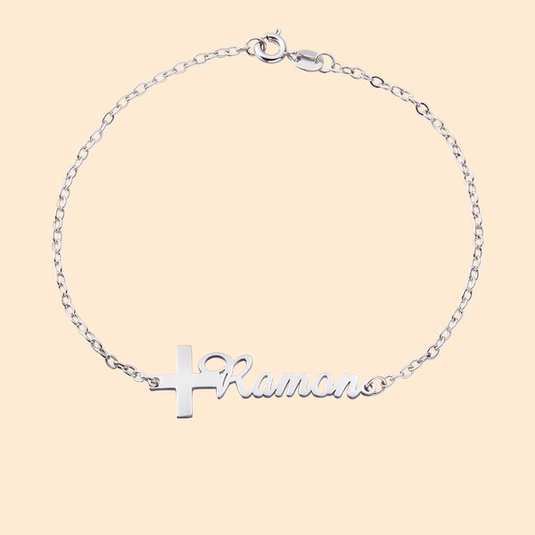 Pulsera Cruz Personalizada con Nombre Cumpleaños Bautizo Regalo Religioso para Ella