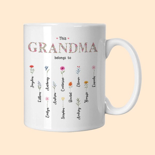 Tazza in ceramica personalizzata This Grandma Mom Belongs To con 1-16 fiori e nomi di nascita Regalo per la festa della mamma per lei