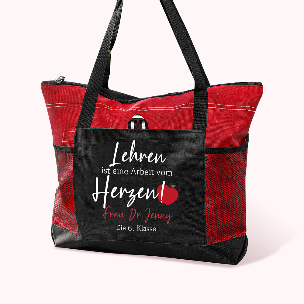 Personalisierte Segeltuch Tragetasche mit Reißverschluss Apfel Muster „Lehren ist eine Arbeit vom Herzen“ Große Kapazität für Lehrer