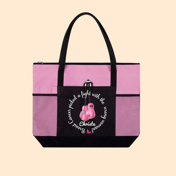 Personalized Breast Cancer Picked A Fight with the Wrong Woman Tote Bag with Name Mesh Pockets Chemotherapy Care Gift for Her