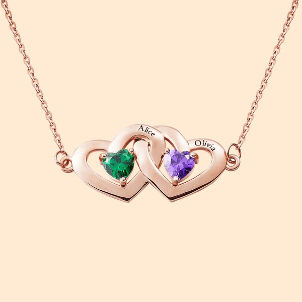 Personalised Interlock Hollow Hearts Necklace with Birthstone and Engraved Name Valentine's Day Birthday Gift for Her