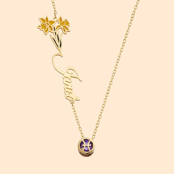 Collier Personnalisé avec Prénom Fleur de Naissance Signe Astrologique Cadeau Anniversaire Fête pour Femme