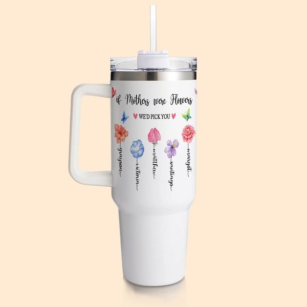 Gobelet de Grande Capacité 1130ml Personnalisé avec Nom et Fleurs de Naissance Jardin de Grand-mère Cadeau Anniversaire Fête des Mères pour Grand-mère