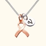 Personligt Sterling Silver Bröstcancer Medvetenhet Halsband med Rosa Band och Initial Charm Cancer Fighter Survivor Present till Kvinna