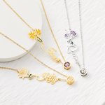 Collier Personnalisé avec Prénom Fleur de Naissance Signe Astrologique Cadeau Anniversaire Fête pour Femme