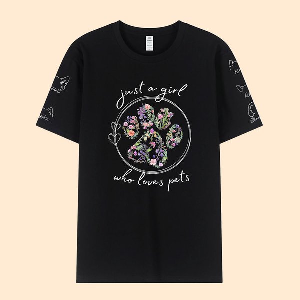 Personalizzato solo una ragazza che ama gli animali domestici floreale stampa zampa T-shirt con cane gatto orecchie e nomi sulle maniche regalo per il