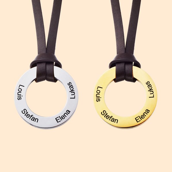 Gepersonaliseerde cirkel hanger lederen koord familie ketting met 1-4 gegraveerde namen Vaderdag jubileum cadeau voor man