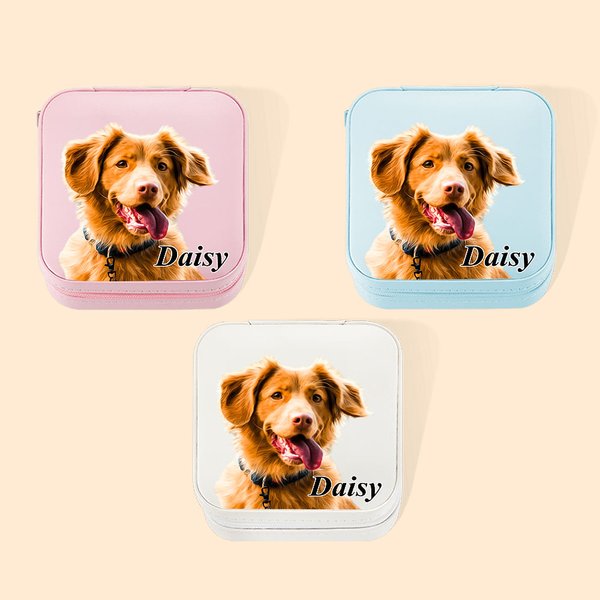 Personalized Pet Portrait Oil Painting Style Leather Jewelry Box with Name Birthday Gift for Pet Lover