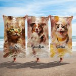 Personalized Super Absorbent Quick Dry Watercolour Pet Portrait Photo Beach Towel with Name Vacation Party Gift for Pet Lovers Owners