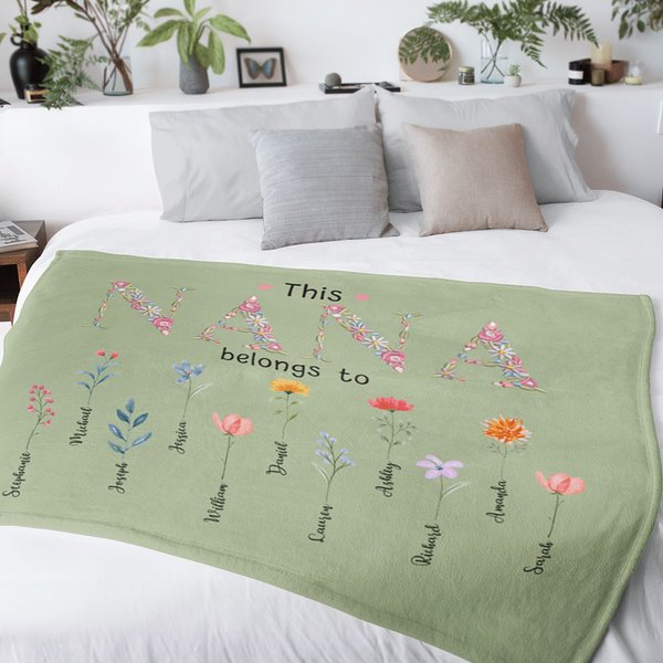 Couverture Douce Personnalisée avec 1-6 Noms et Fleurs de Naissance Cadeau Fête de Mères Anniversaire pour Femme