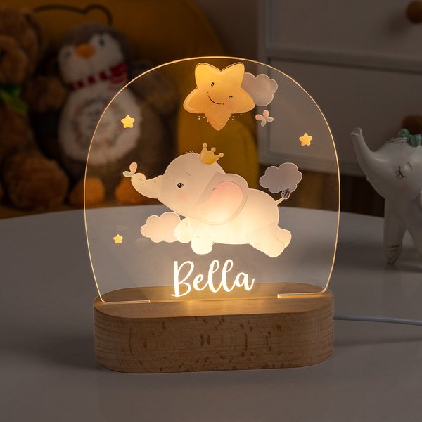 Veilleuse LED personnalisée avec nom et animal mignon - Décoration de chambre avec base en bois - Cadeau d'anniversaire pour les enfants