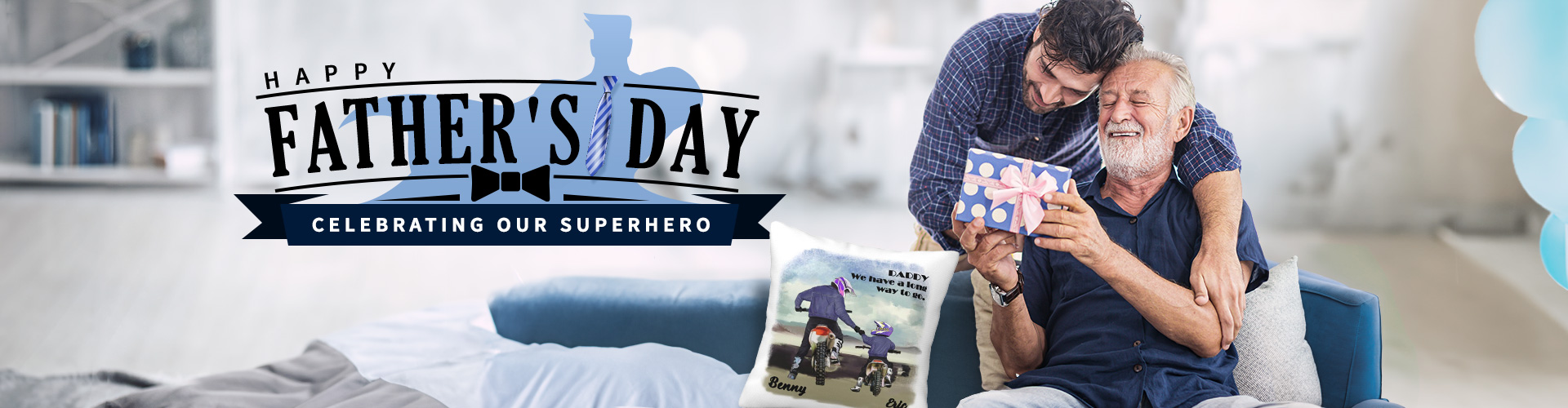 Son leans on father's shoulder and gives him a gift