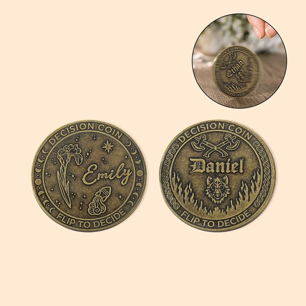 Personalised Brass Flip to Decide Name Decision Maker Coin with Birth Flower and Constellation Couple Gift