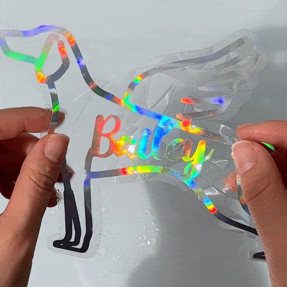 Personalizzato olografico senza traccia di gatto cane silhouette arcobaleno Prisma finestra Cling con nome Memorial regalo di compleanno per gli amanti degli animali domestici