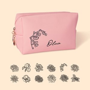 Personalised Large Capacity Leather Waterproof Birth Flower Make up Cosmetic Bag with Name Bridesmaid Mother’s Day Birthday Gift for Her